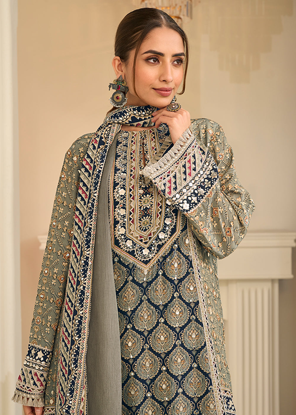 Buy Now Grey Digital Printed Crepe Silk Festive Palazzo Suit Online in US, UK, Canada, Netherlands, Germany, Italy, France, Greece, UAE &amp; Worldwide at Empress.