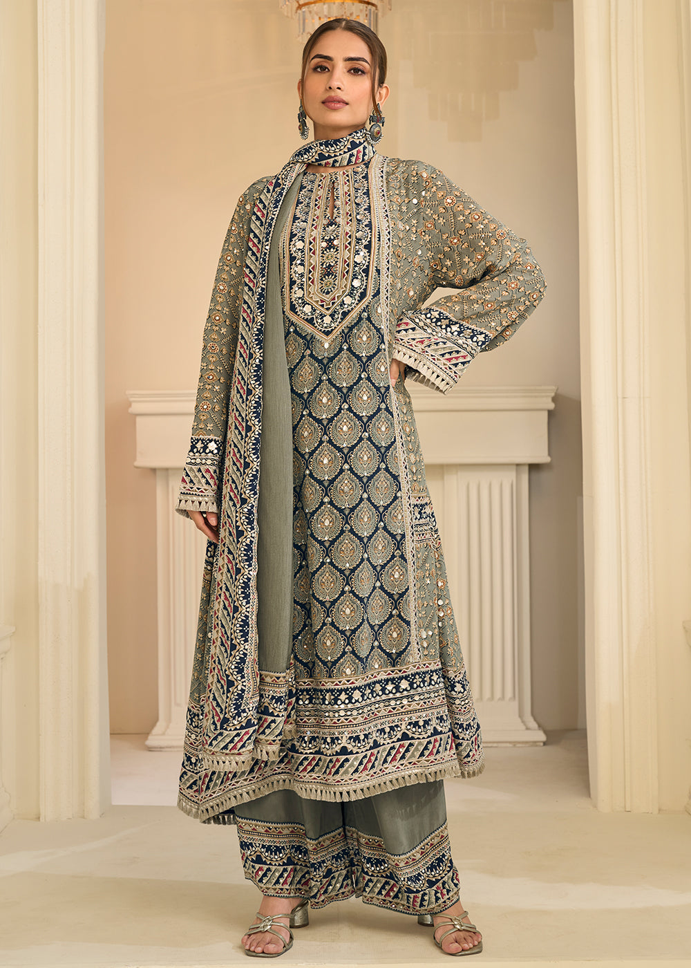 Buy Now Grey Digital Printed Crepe Silk Festive Palazzo Suit Online in US, UK, Canada, Netherlands, Germany, Italy, France, Greece, UAE &amp; Worldwide at Empress.