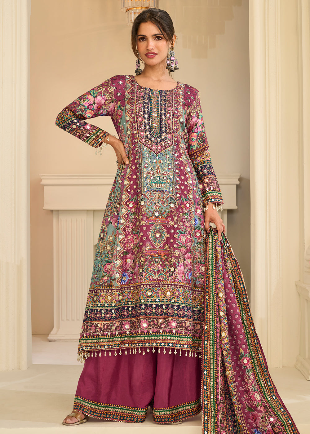 Buy Now Magenta Digital Printed Crepe Silk Festive Palazzo Suit Online in US, UK, Canada, Netherlands, Germany, Italy, France, Greece & Worldwide at Empress.