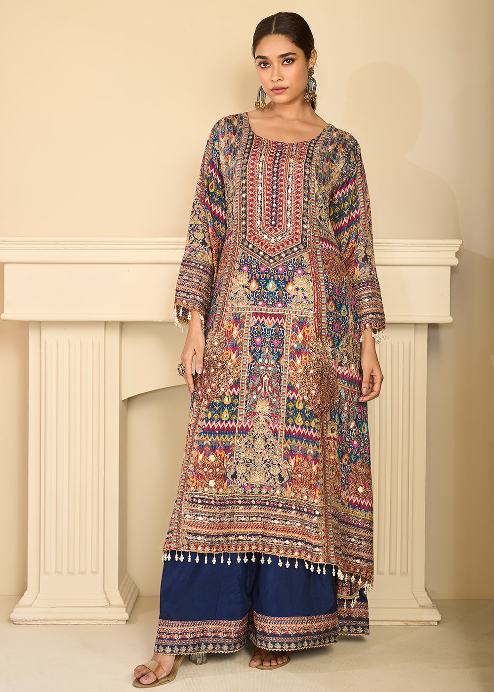 Buy Now Blue Digital Printed Crepe Silk Festive Palazzo Suit Online in US, UK, Canada, Netherlands, Germany, Italy, France, Greece, UAE & Worldwide at Empress.