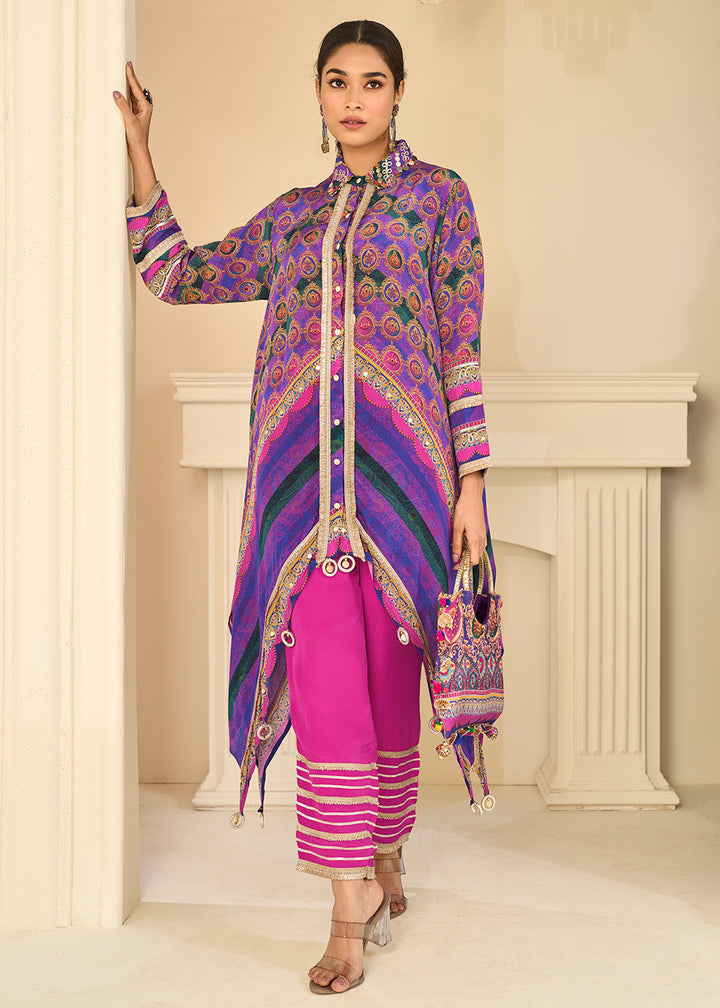 Buy Now Premium Purple &amp; Pink Crepe Silk Pant Style Suit Online in US, UK, Canada, Netherlands, Germany, Italy, France, UAE, Sweden &amp; Worldwide at Empress.