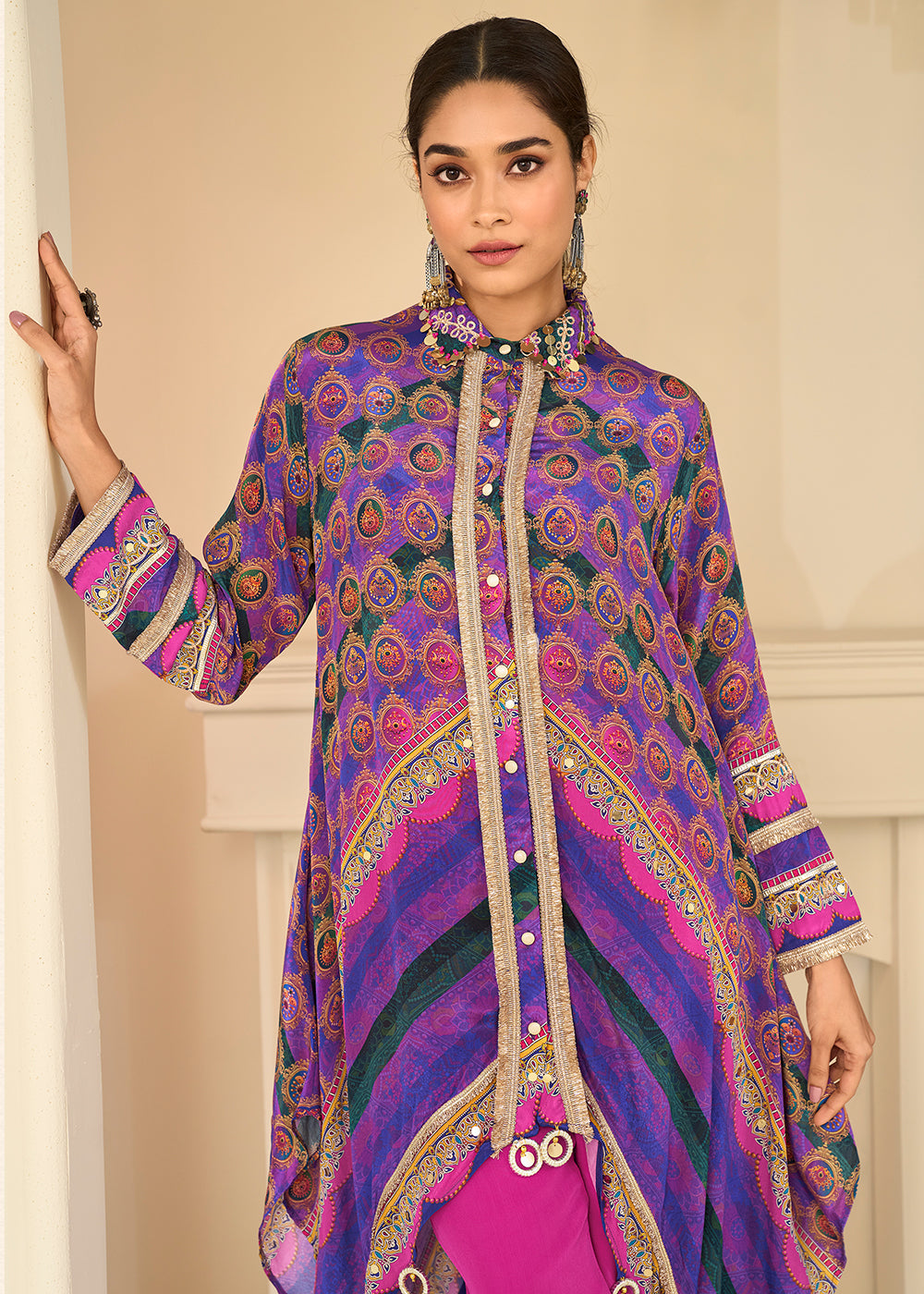 Buy Now Premium Purple &amp; Pink Crepe Silk Pant Style Suit Online in US, UK, Canada, Netherlands, Germany, Italy, France, UAE, Sweden &amp; Worldwide at Empress.