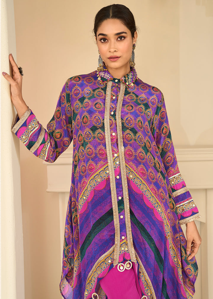 Buy Now Premium Purple &amp; Pink Crepe Silk Pant Style Suit Online in US, UK, Canada, Netherlands, Germany, Italy, France, UAE, Sweden &amp; Worldwide at Empress.