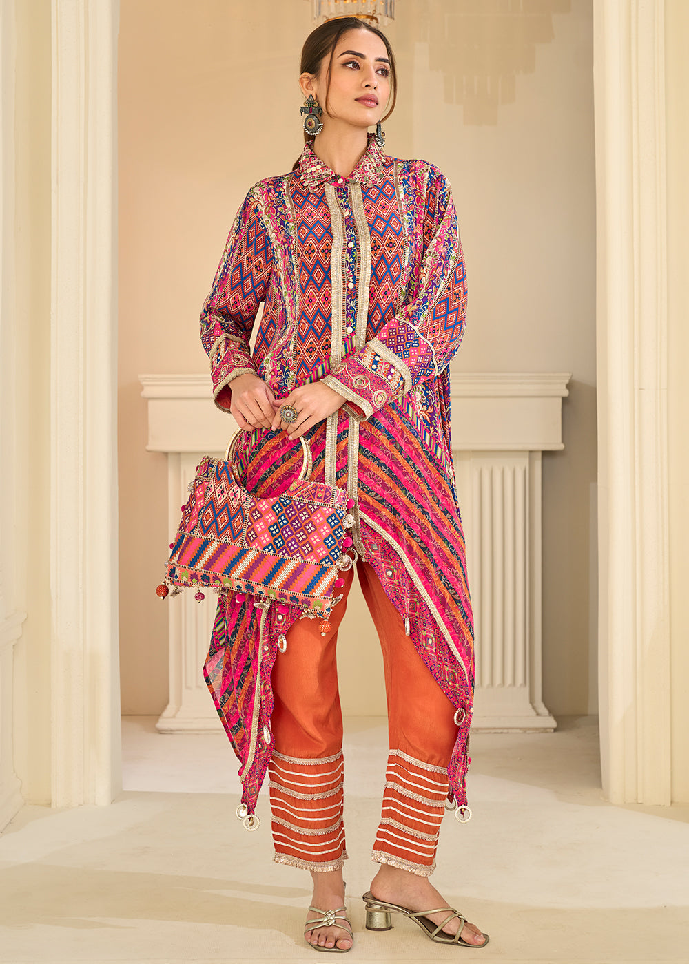 Buy Now Premium Pink & Orange Crepe Silk Pant Style Suit Online in US, UK, Canada, Netherlands, Germany, Italy, France, UAE, Sweden & Worldwide at Empress.