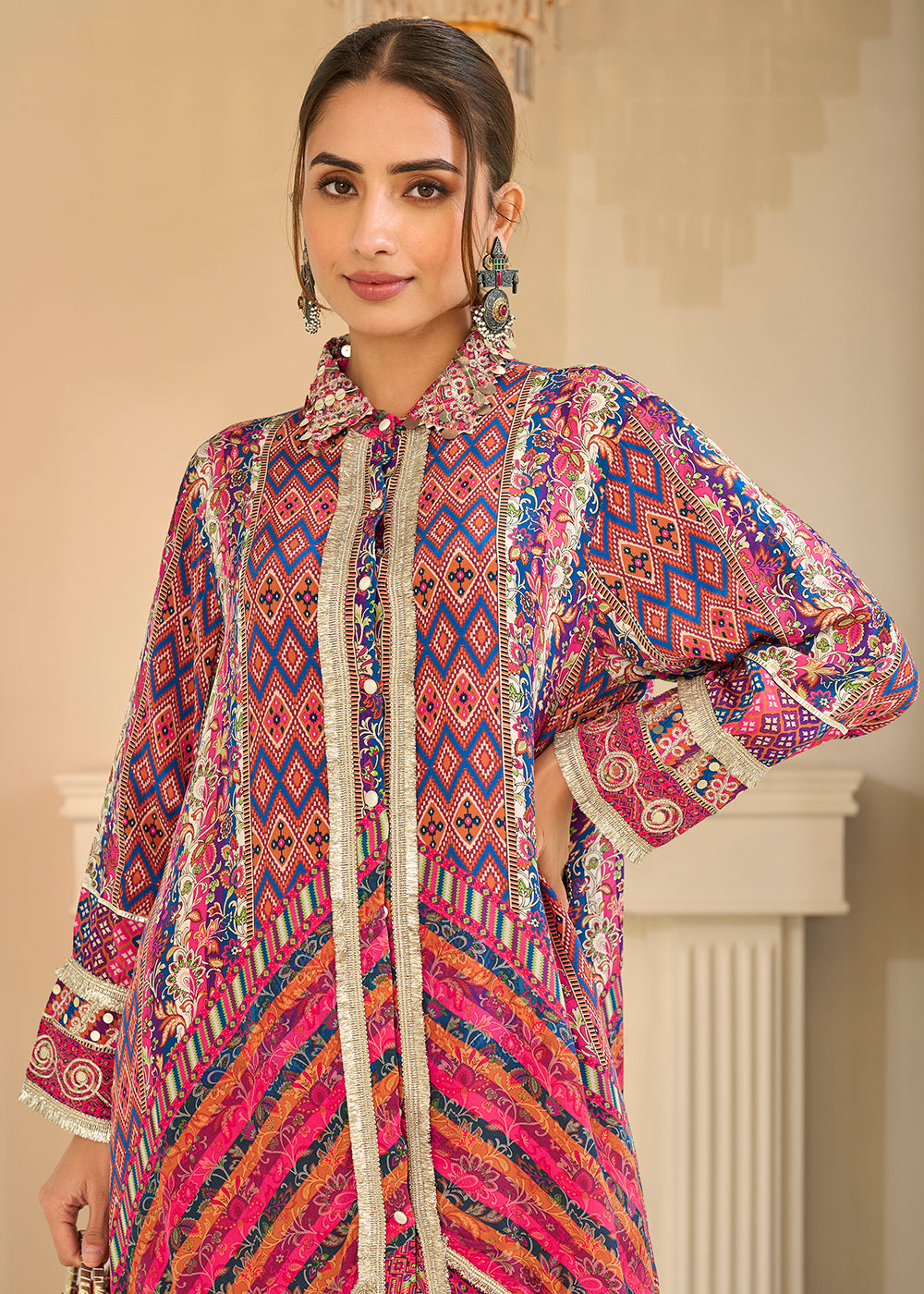 Buy Now Premium Pink & Orange Crepe Silk Pant Style Suit Online in US, UK, Canada, Netherlands, Germany, Italy, France, UAE, Sweden & Worldwide at Empress.