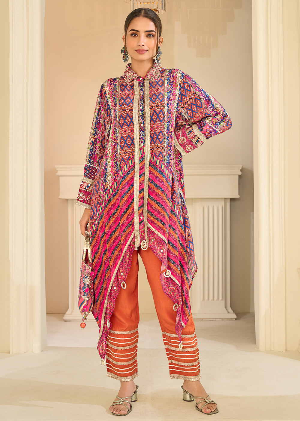 Buy Now Premium Pink &amp; Orange Crepe Silk Pant Style Suit Online in US, UK, Canada, Netherlands, Germany, Italy, France, UAE, Sweden &amp; Worldwide at Empress.