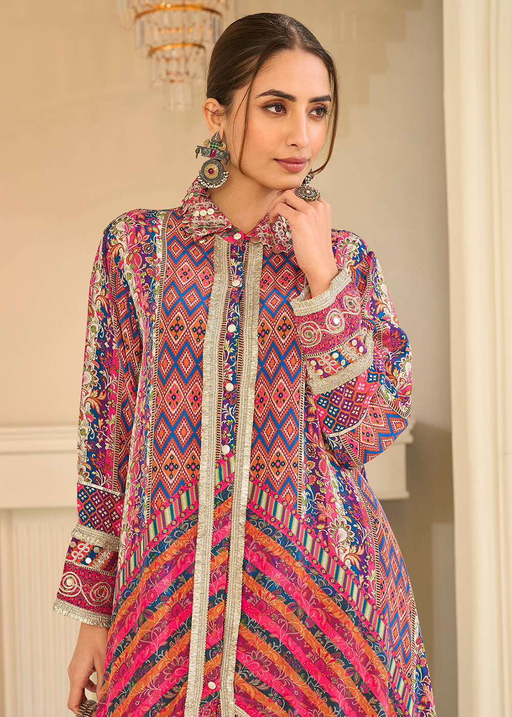 Buy Now Premium Pink &amp; Orange Crepe Silk Pant Style Suit Online in US, UK, Canada, Netherlands, Germany, Italy, France, UAE, Sweden &amp; Worldwide at Empress.
