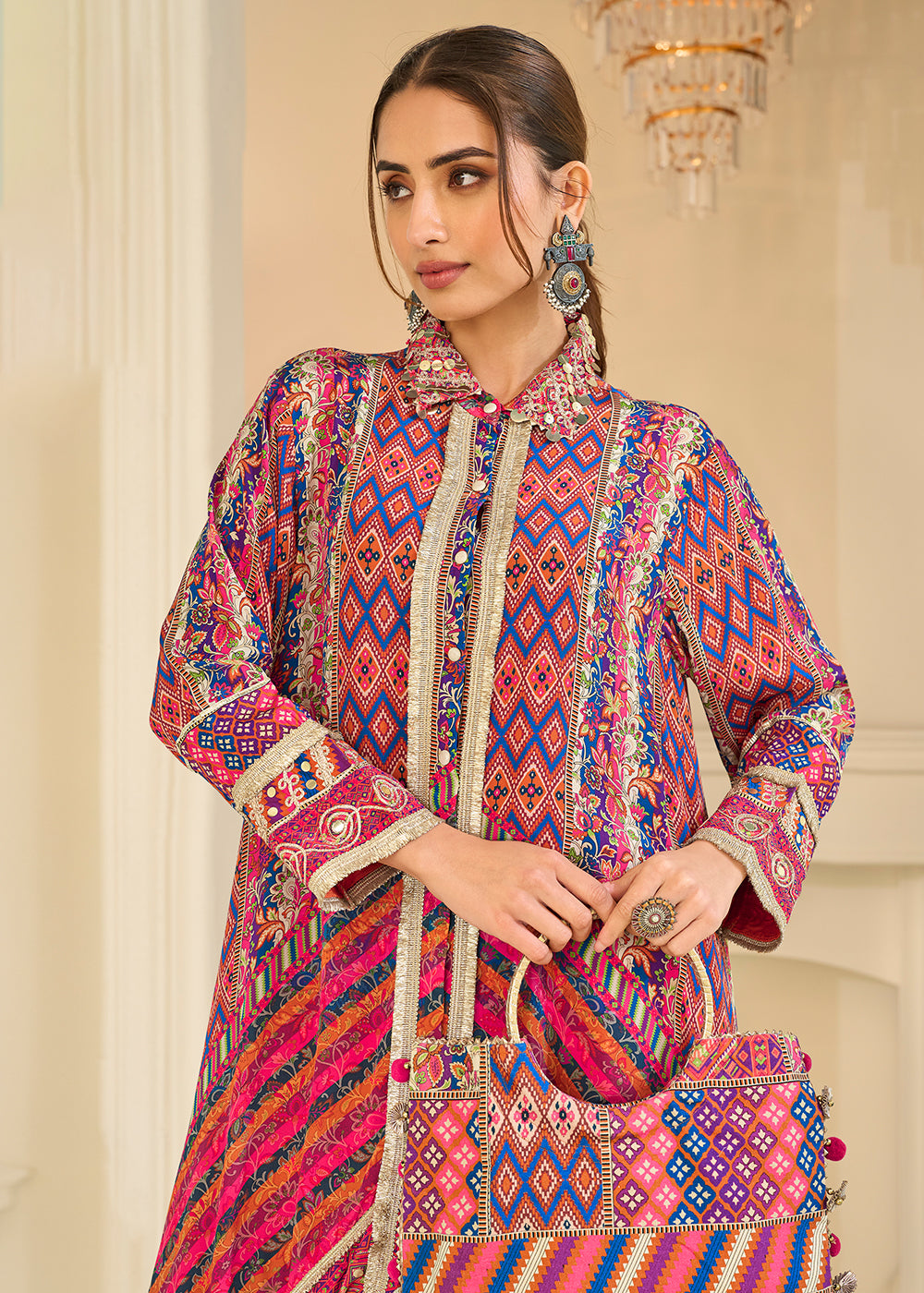 Buy Now Premium Pink &amp; Orange Crepe Silk Pant Style Suit Online in US, UK, Canada, Netherlands, Germany, Italy, France, UAE, Sweden &amp; Worldwide at Empress.