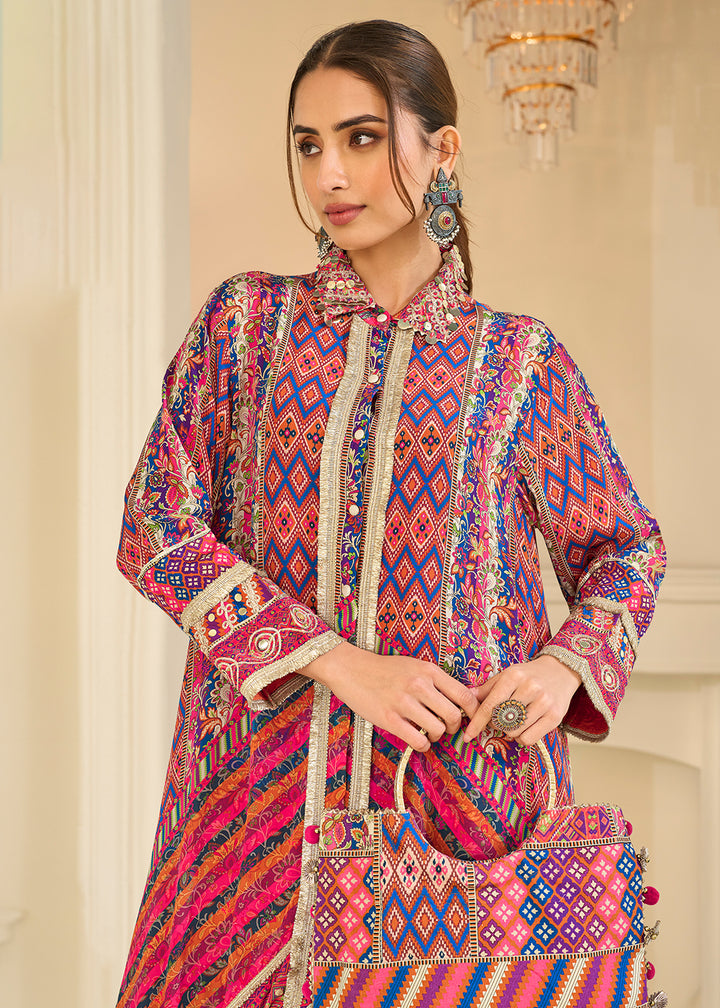 Buy Now Premium Pink &amp; Orange Crepe Silk Pant Style Suit Online in US, UK, Canada, Netherlands, Germany, Italy, France, UAE, Sweden &amp; Worldwide at Empress.