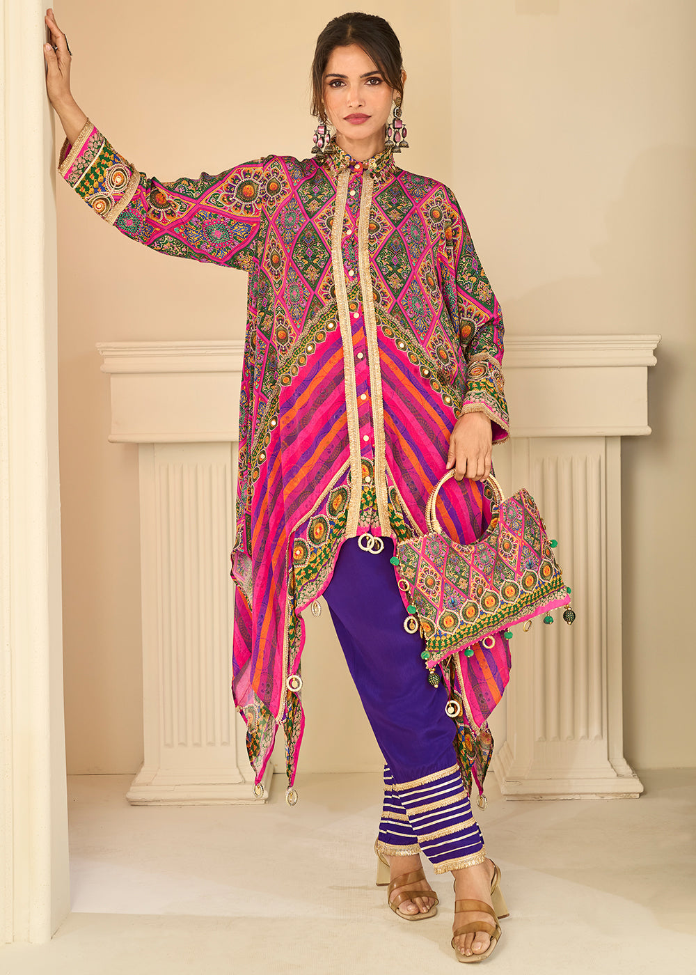 Buy Now Premium Pink & Violet Crepe Silk Pant Style Suit Online in US, UK, Canada, Netherlands, Germany, Italy, France, UAE, Sweden & Worldwide at Empress.