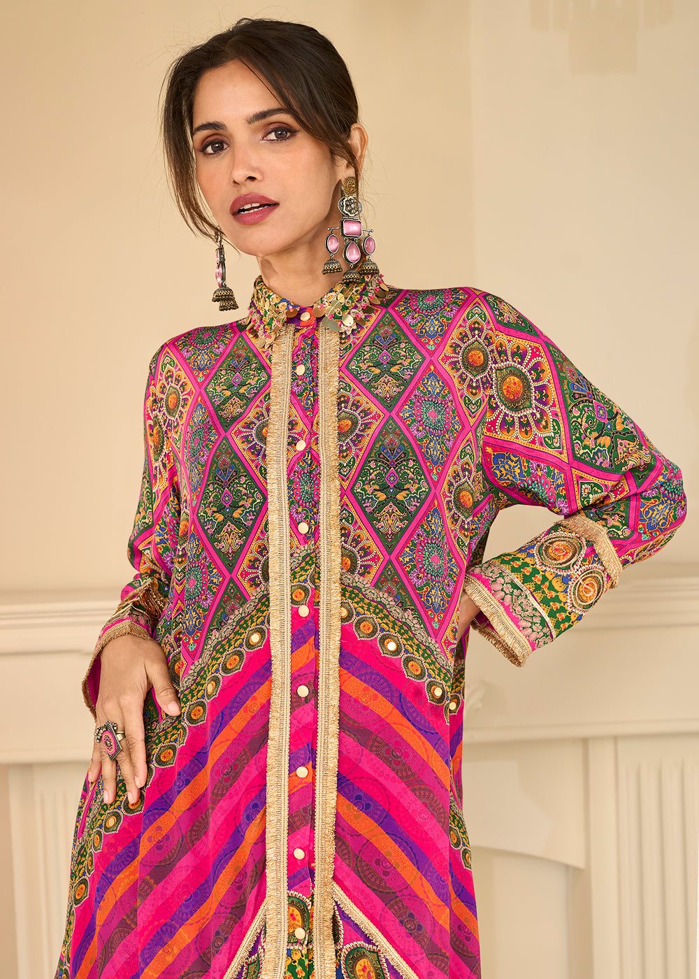 Buy Now Premium Pink & Violet Crepe Silk Pant Style Suit Online in US, UK, Canada, Netherlands, Germany, Italy, France, UAE, Sweden & Worldwide at Empress.