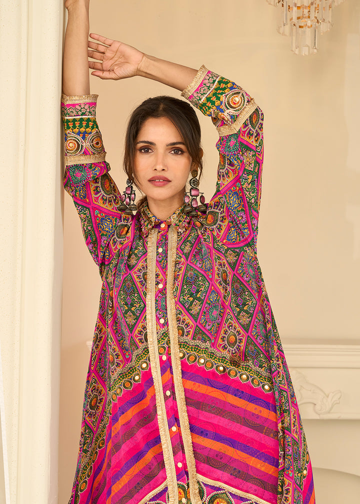 Buy Now Premium Pink &amp; Violet Crepe Silk Pant Style Suit Online in US, UK, Canada, Netherlands, Germany, Italy, France, UAE, Sweden &amp; Worldwide at Empress.
