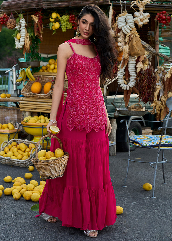 Shop Now Fuchsia Premium Real Georgette Sharara Style Suit Online at Empress in US, UK, Canada, Italy, Germany, France, Greece, Sweden, Netherland &amp; Worldwide.