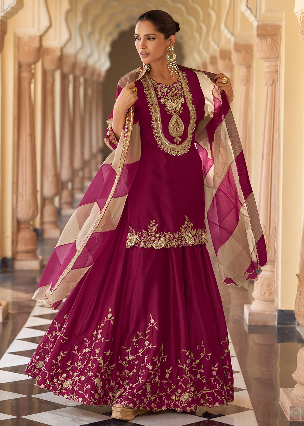 Shop Now Wine Premium Chinnon Silk Festive Wear Sharara Suit Online at Empress in US, UK, Canada, Germany, Australia, Sweden, Denmark, Qatar, Africa & Worldwide.