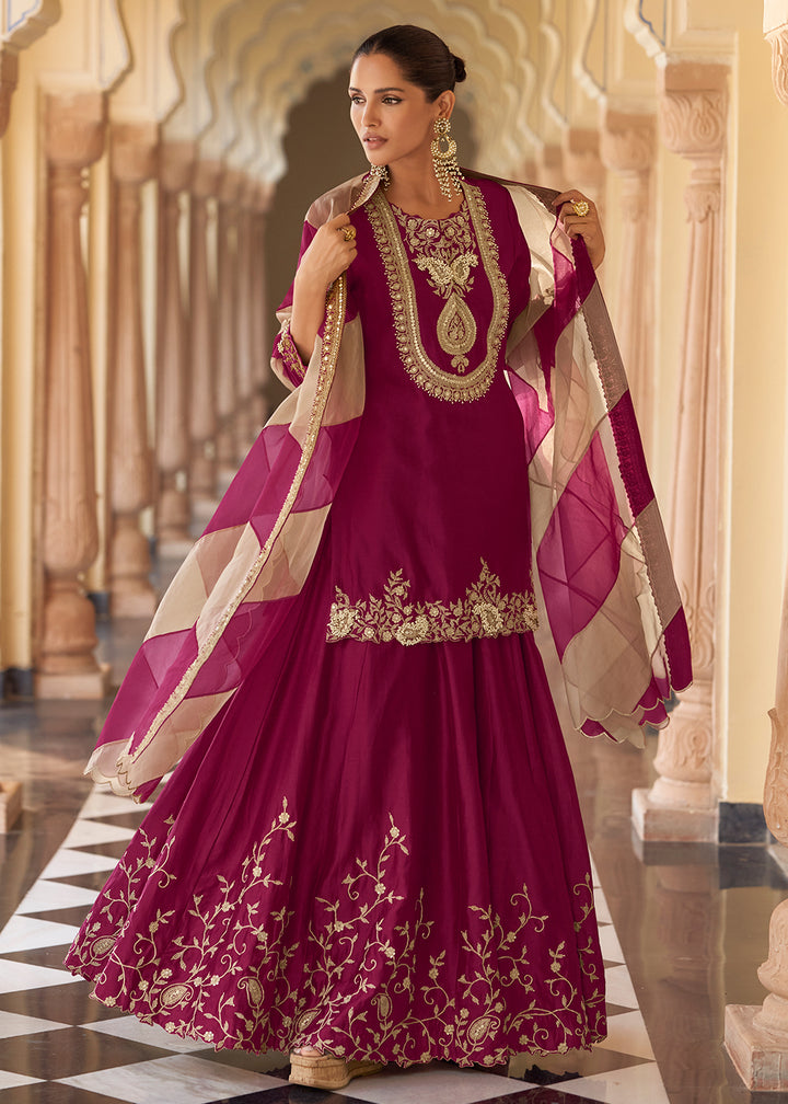 Shop Now Wine Premium Chinnon Silk Festive Wear Sharara Suit Online at Empress in US, UK, Canada, Germany, Australia, Sweden, Denmark, Qatar, Africa & Worldwide.