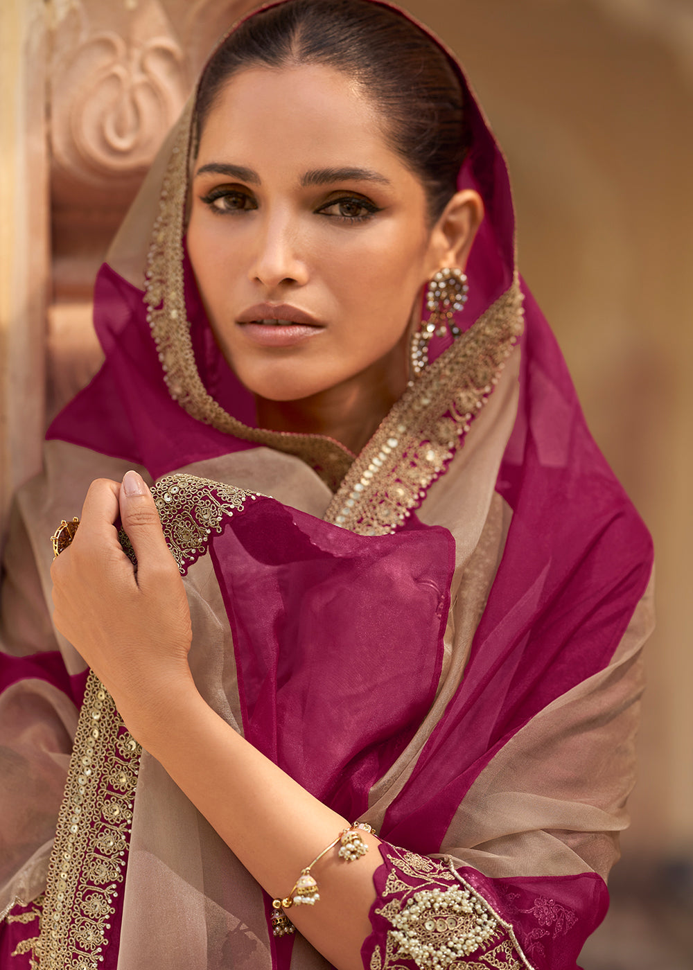 Shop Now Wine Premium Chinnon Silk Festive Wear Sharara Suit Online at Empress in US, UK, Canada, Germany, Australia, Sweden, Denmark, Qatar, Africa & Worldwide.