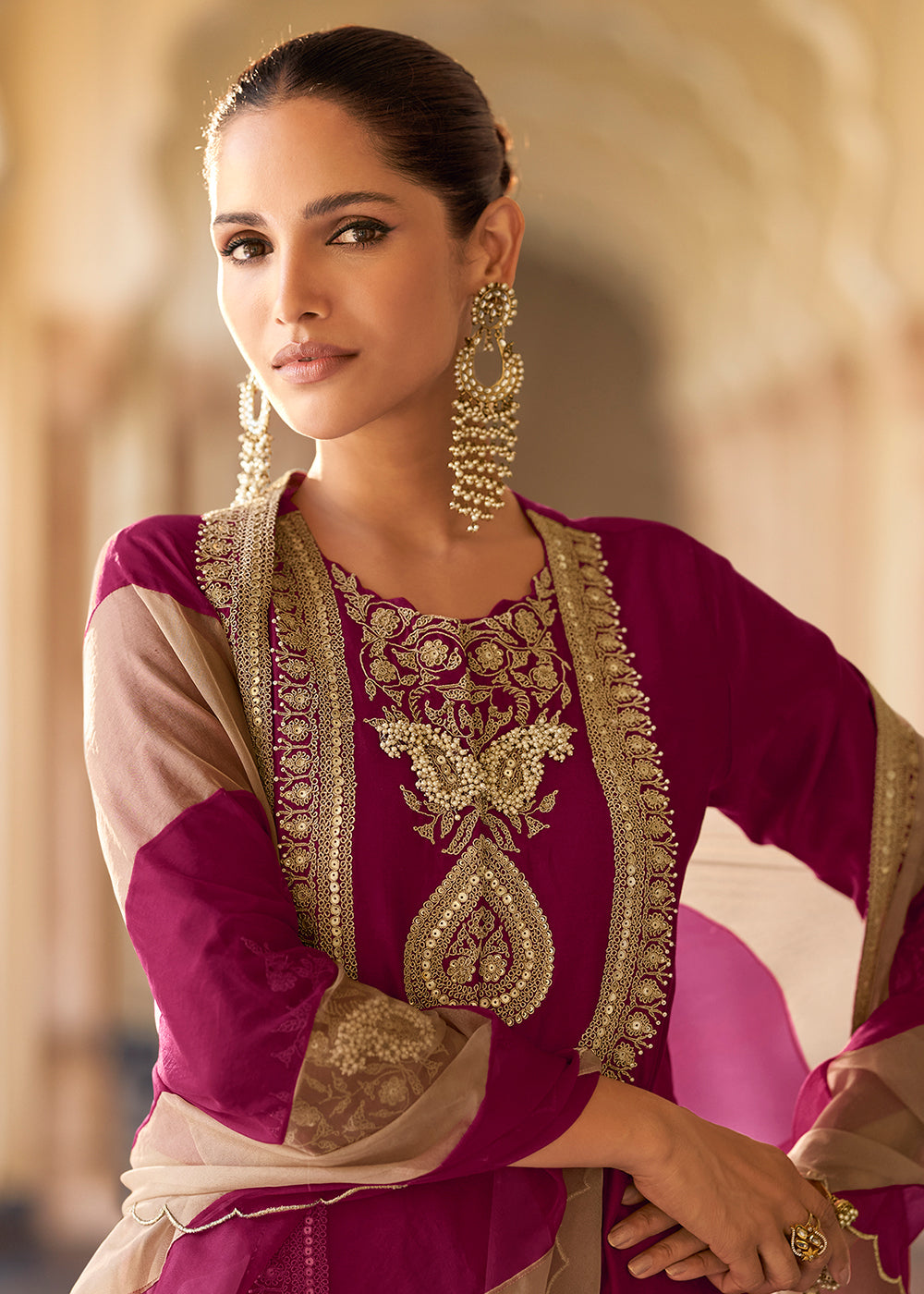 Shop Now Wine Premium Chinnon Silk Festive Wear Sharara Suit Online at Empress in US, UK, Canada, Germany, Australia, Sweden, Denmark, Qatar, Africa & Worldwide.