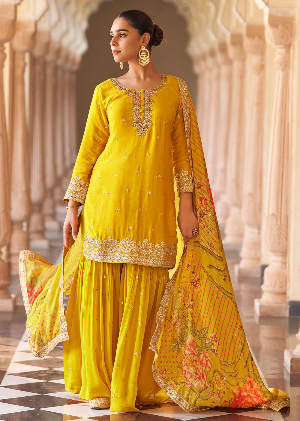 Shop Now Yellow Premium Chinnon Silk Festive Wear Sharara Suit Online at Empress in US, UK, Canada, Germany, Australia, Sweden, Denmark, UAE, Africa & Worldwide