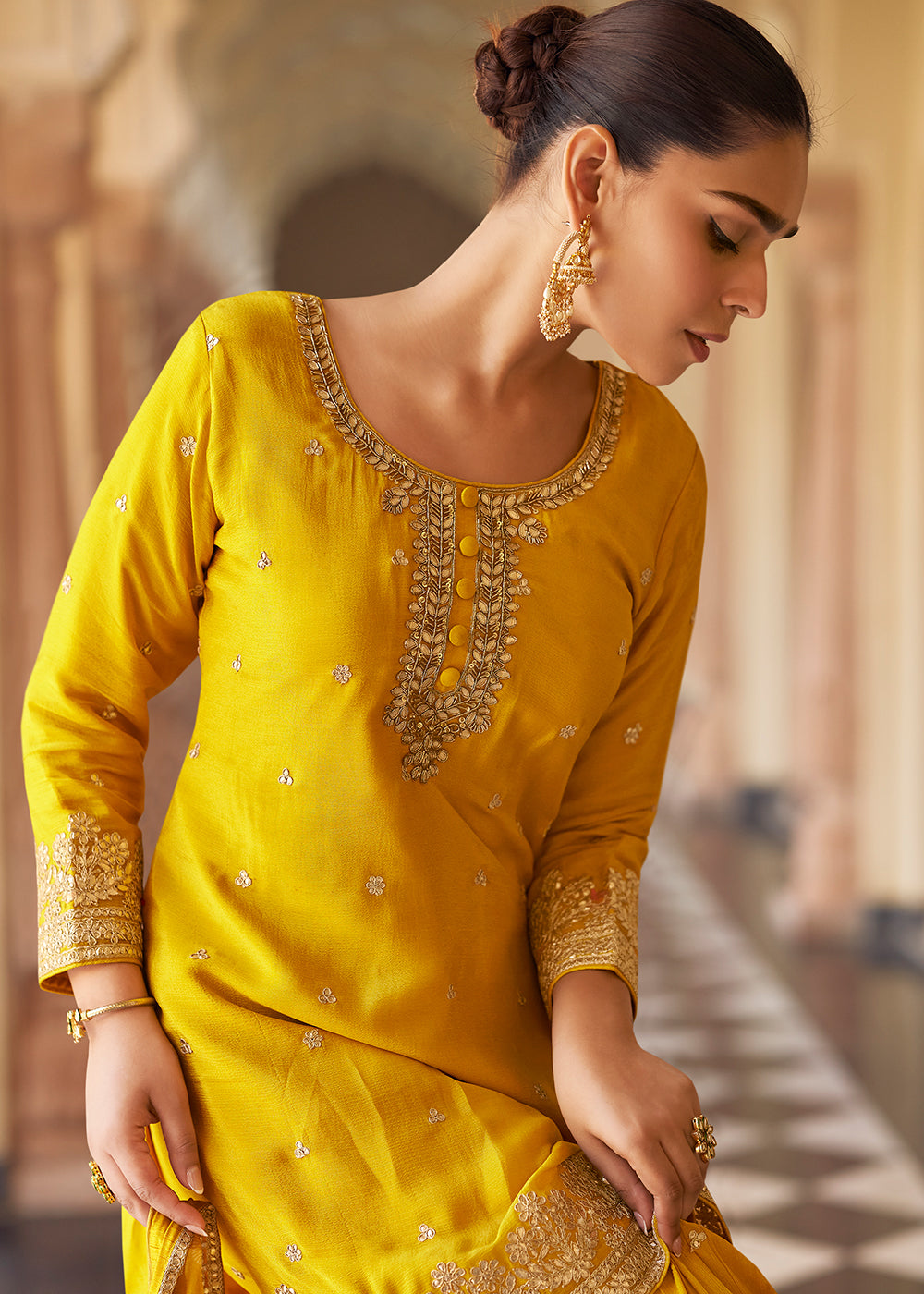 Shop Now Yellow Premium Chinnon Silk Festive Wear Sharara Suit Online at Empress in US, UK, Canada, Germany, Australia, Sweden, Denmark, UAE, Africa & Worldwide