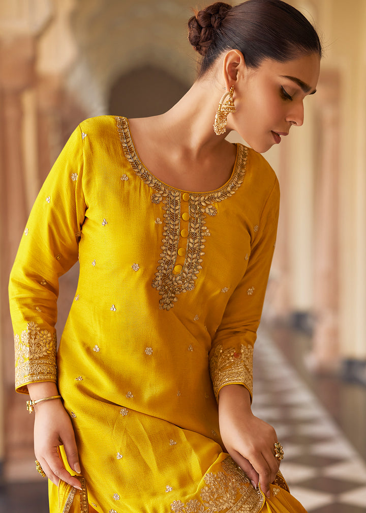 Shop Now Yellow Premium Chinnon Silk Festive Wear Sharara Suit Online at Empress in US, UK, Canada, Germany, Australia, Sweden, Denmark, UAE, Africa & Worldwide