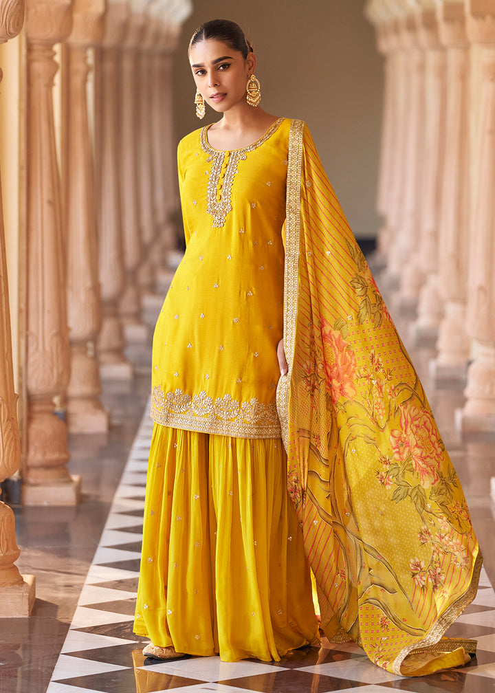 Shop Now Yellow Premium Chinnon Silk Festive Wear Sharara Suit Online at Empress in US, UK, Canada, Germany, Australia, Sweden, Denmark, UAE, Africa & Worldwide