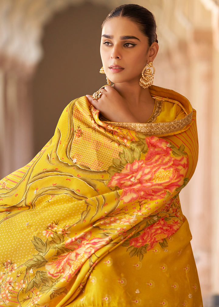 Shop Now Yellow Premium Chinnon Silk Festive Wear Sharara Suit Online at Empress in US, UK, Canada, Germany, Australia, Sweden, Denmark, UAE, Africa & Worldwide