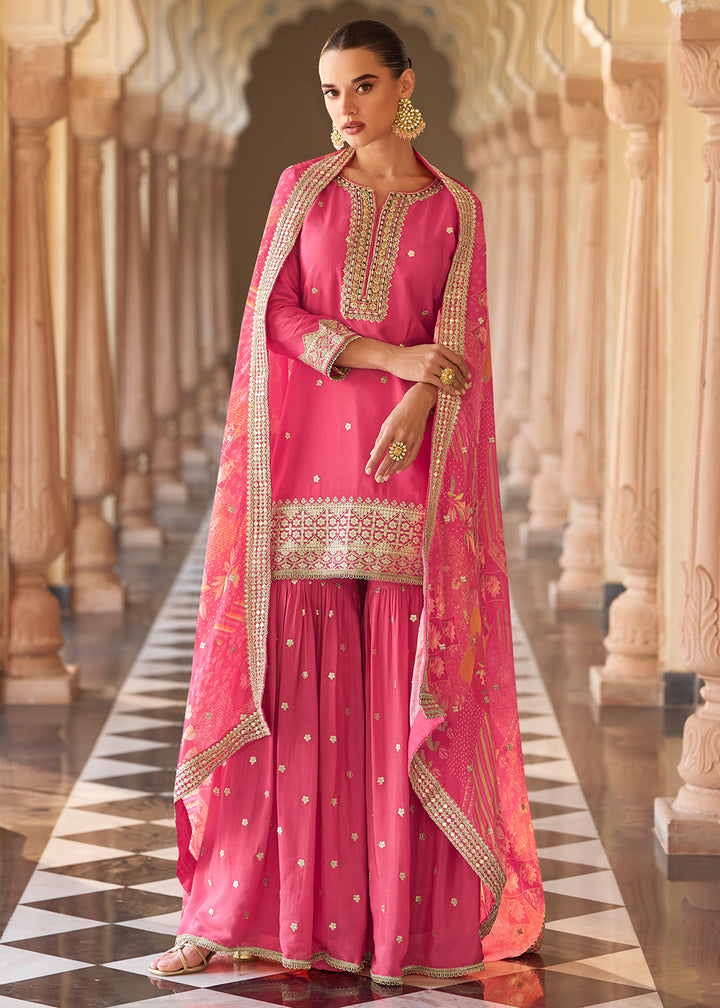 Shop Now Pink Premium Chinnon Silk Festive Wear Sharara Suit Online at Empress in US, UK, Canada, Germany, Australia, Sweden, Denmark, UAE, Africa & Worldwide.