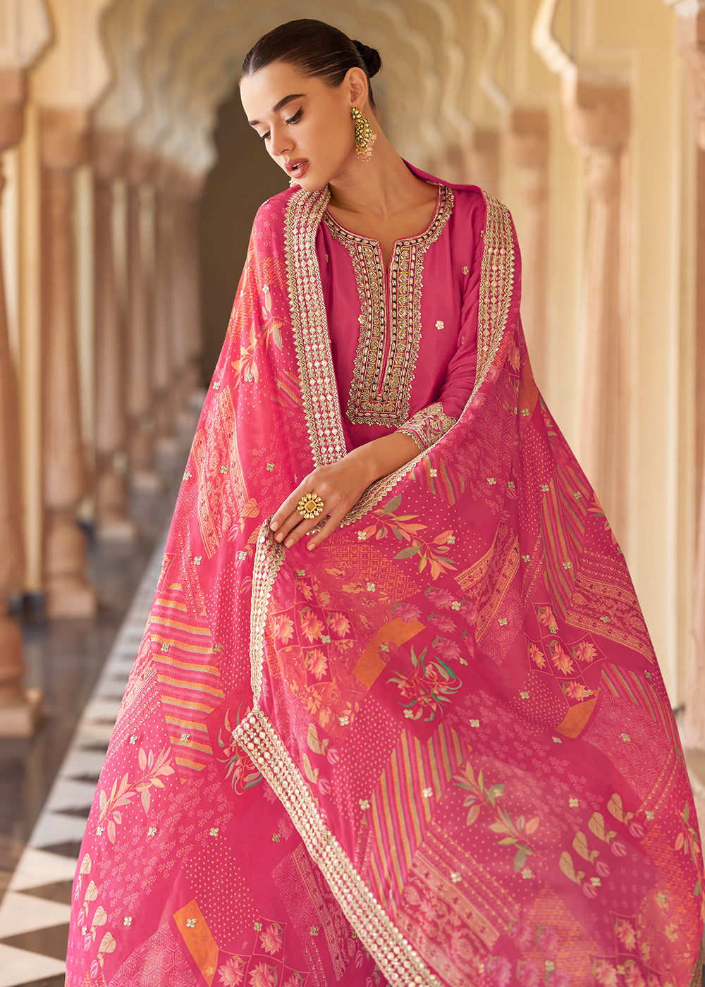 Shop Now Pink Premium Chinnon Silk Festive Wear Sharara Suit Online at Empress in US, UK, Canada, Germany, Australia, Sweden, Denmark, UAE, Africa & Worldwide.