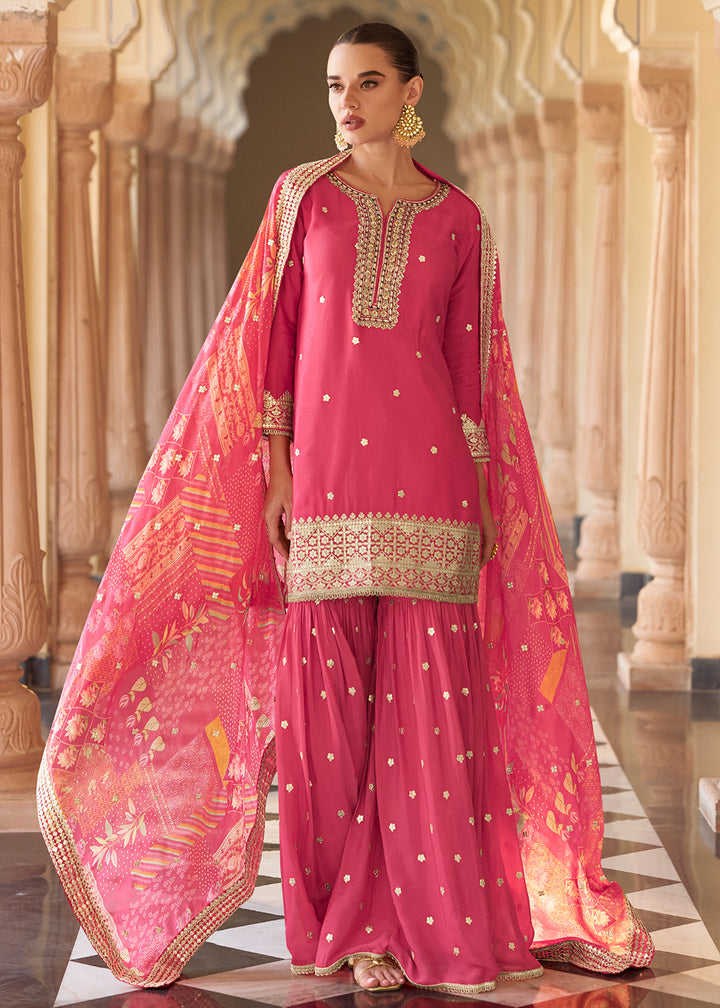 Shop Now Pink Premium Chinnon Silk Festive Wear Sharara Suit Online at Empress in US, UK, Canada, Germany, Australia, Sweden, Denmark, UAE, Africa & Worldwide.