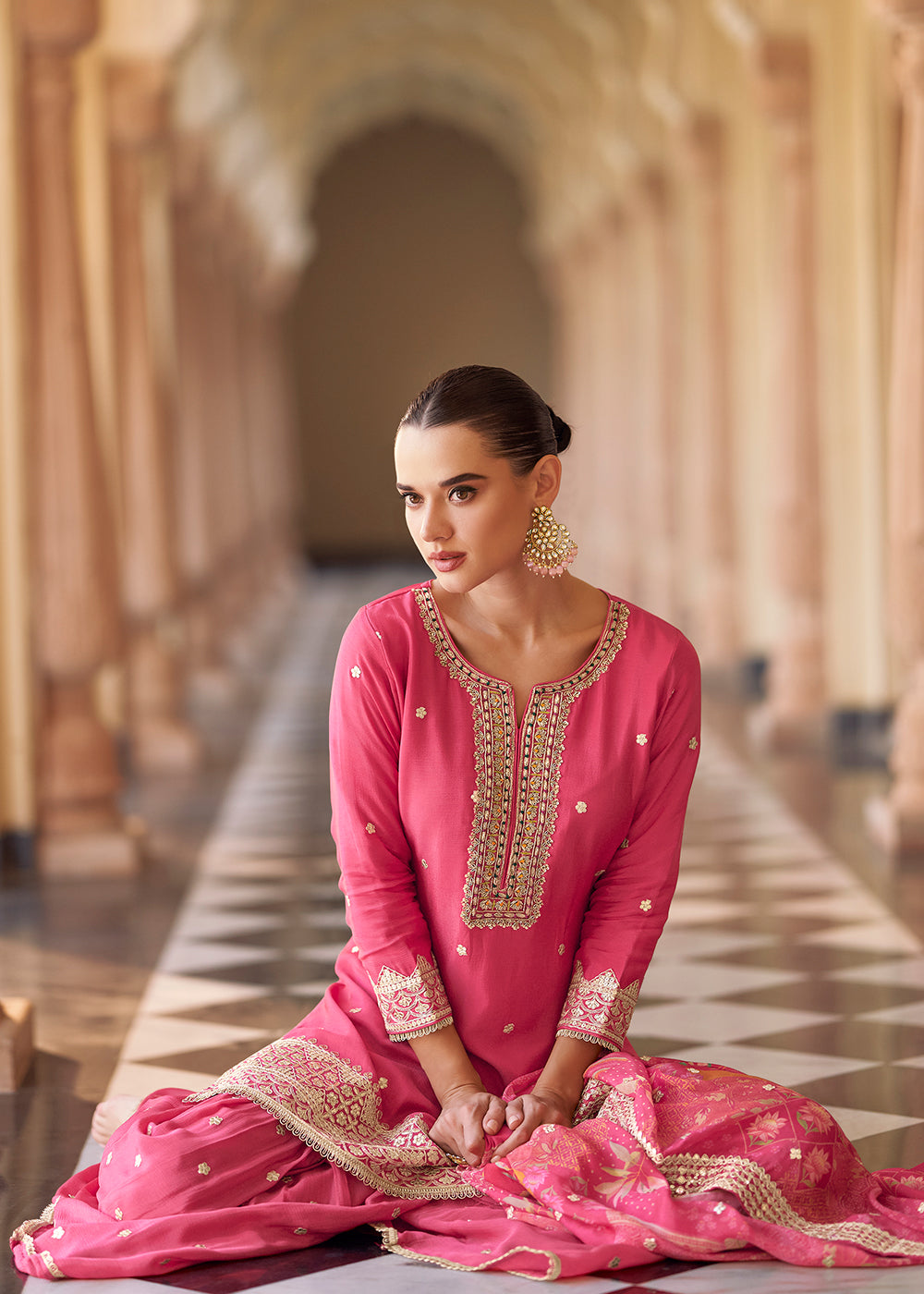 Shop Now Pink Premium Chinnon Silk Festive Wear Sharara Suit Online at Empress in US, UK, Canada, Germany, Australia, Sweden, Denmark, UAE, Africa & Worldwide.