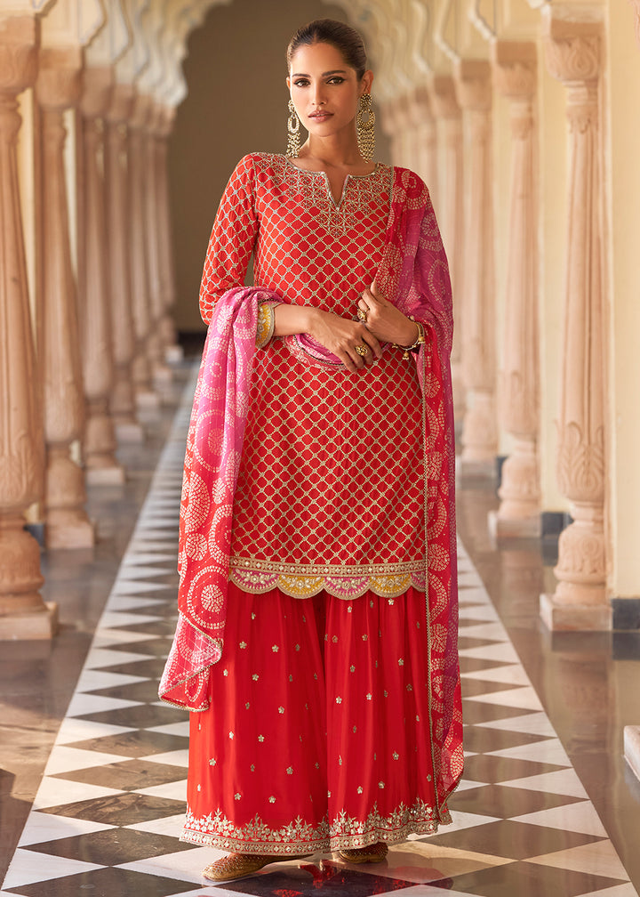Shop Now Red Premium Chinnon Silk Festive Wear Sharara Suit Online at Empress in US, UK, Canada, Germany, Australia, Sweden, Denmark, UAE, Africa & Worldwide.