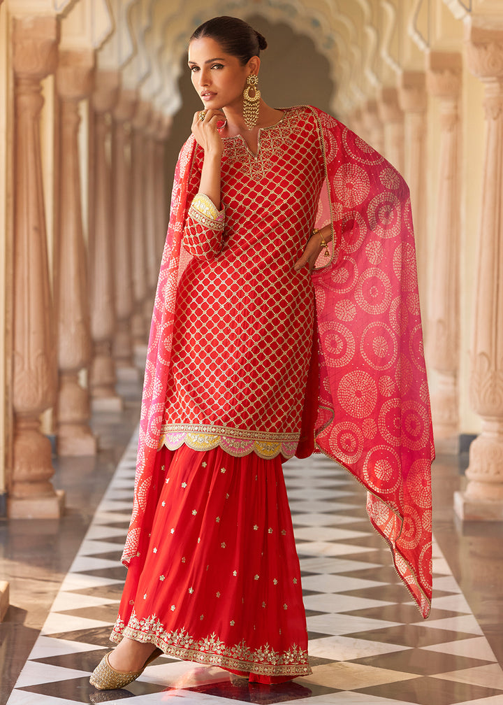 Shop Now Red Premium Chinnon Silk Festive Wear Sharara Suit Online at Empress in US, UK, Canada, Germany, Australia, Sweden, Denmark, UAE, Africa & Worldwide.