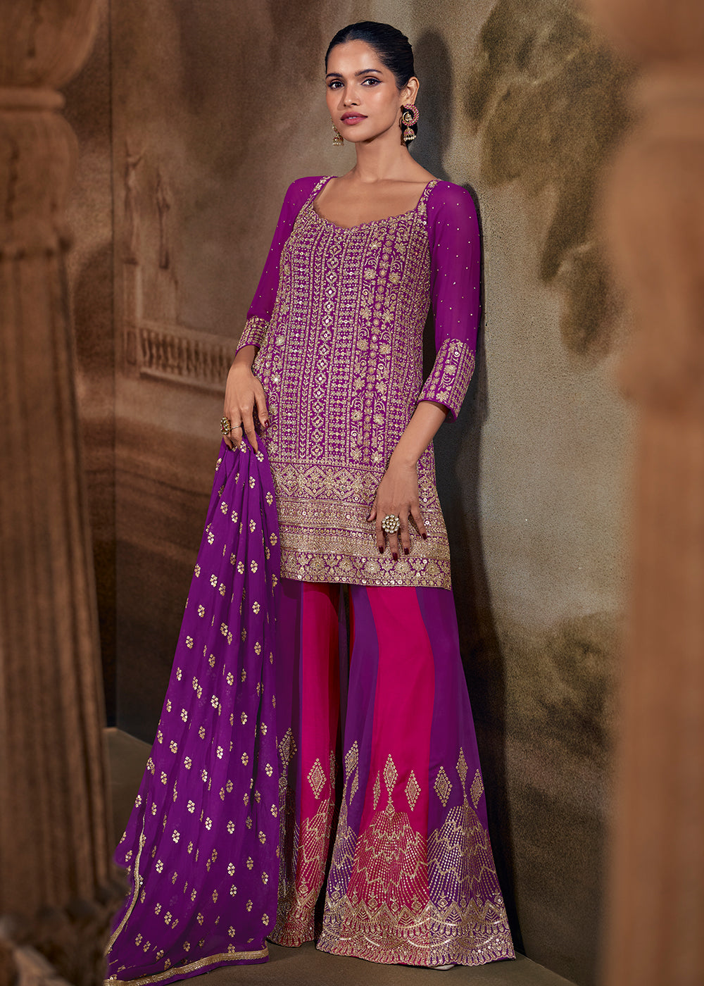Shop Now Purple  & Pink Zarkan Zari Embroidery Gharara Style Suit Online at Empress in US, UK, Canada, Italy, Germany, France, Greece, Sweden, UAE & Worldwide.