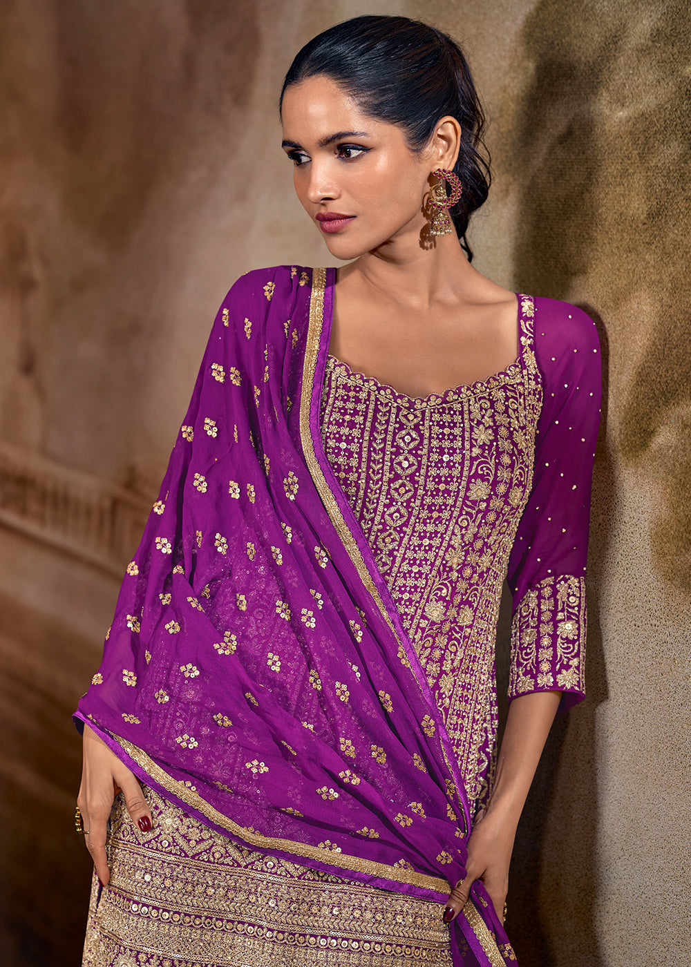 Shop Now Purple  & Pink Zarkan Zari Embroidery Gharara Style Suit Online at Empress in US, UK, Canada, Italy, Germany, France, Greece, Sweden, UAE & Worldwide.