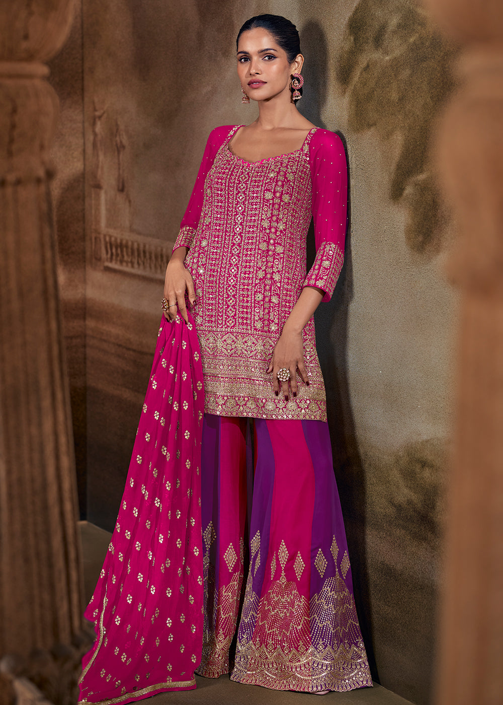 Shop Now Pink & Purple Zarkan Zari Embroidery Gharara Style Suit Online at Empress in US, UK, Canada, Italy, Germany, France, Greece, Sweden, UAE & Worldwide.