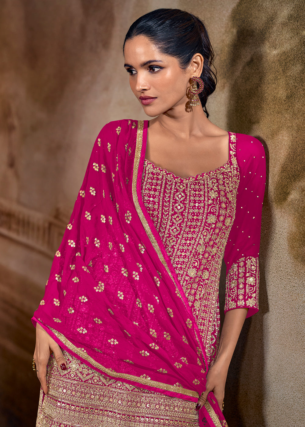 Shop Now Pink & Purple Zarkan Zari Embroidery Gharara Style Suit Online at Empress in US, UK, Canada, Italy, Germany, France, Greece, Sweden, UAE & Worldwide.