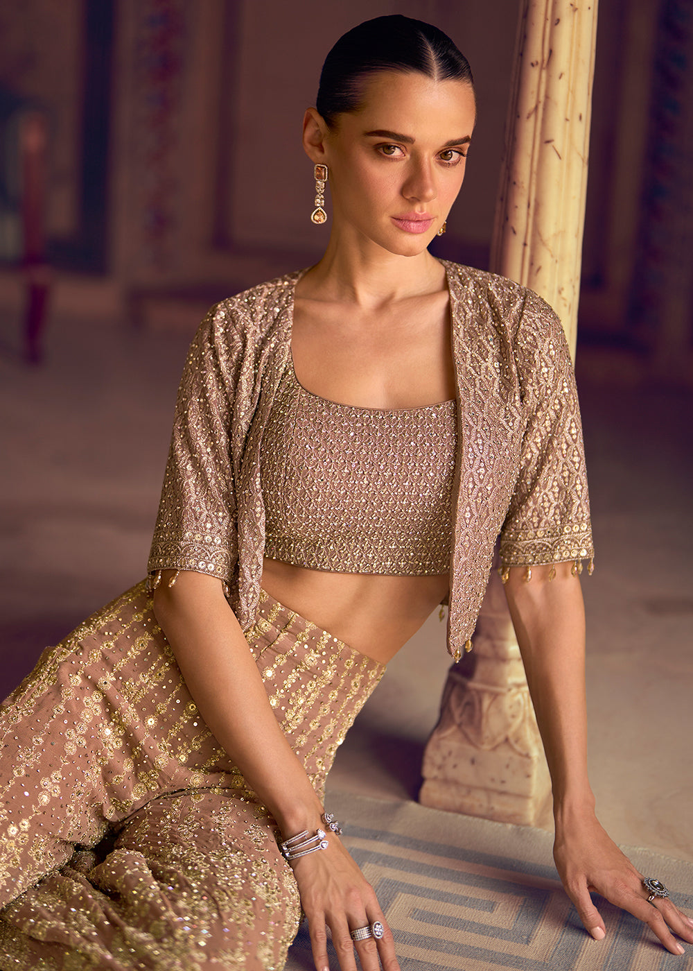 Buy Now Rose Gold Crop Top Party Style Palazzo Suit with Jacket Online in Toronto, Newark, Katy, Houston, Fremont, Dubai, Nevada, Kansas & Worldwide at Empress.