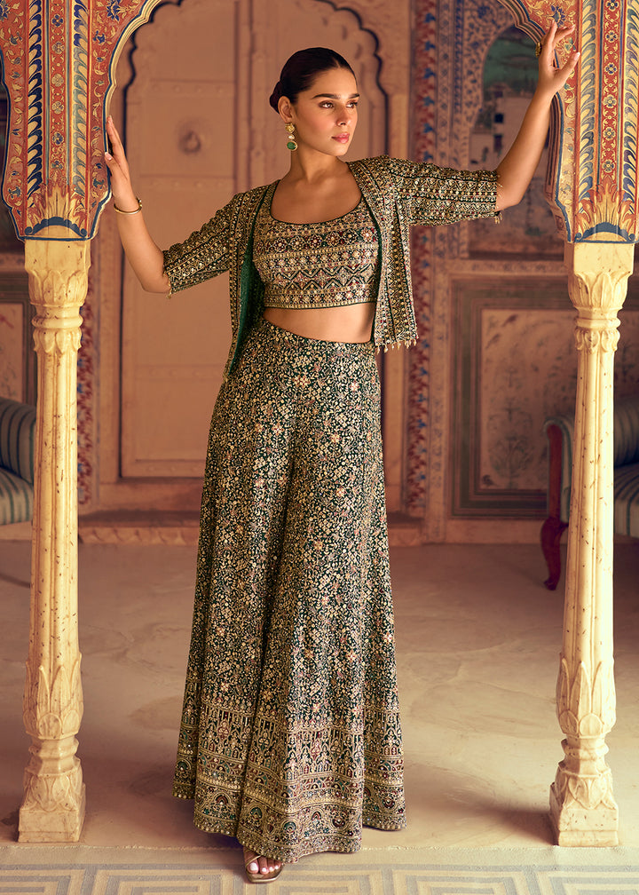 Buy Now Green Crop Top Party Style Palazzo Suit with Jacket Online in Toronto, Newark, Katy, Houston, Fremont, Dubai, Nevada, Kansas & Worldwide at Empress.