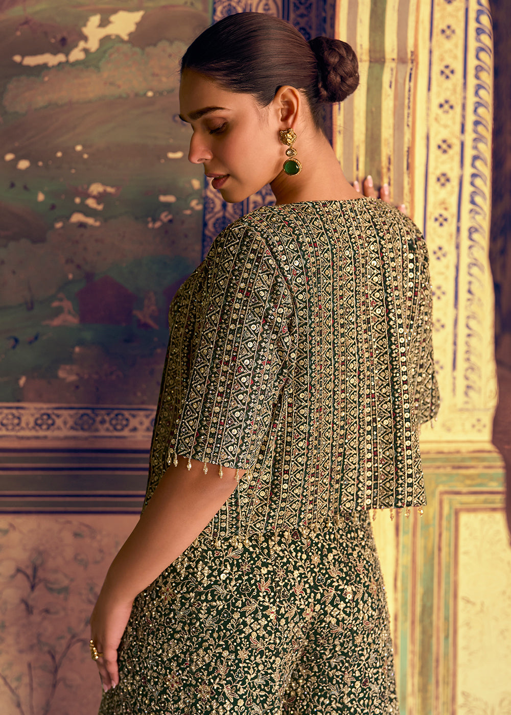 Buy Now Green Crop Top Party Style Palazzo Suit with Jacket Online in Toronto, Newark, Katy, Houston, Fremont, Dubai, Nevada, Kansas & Worldwide at Empress.