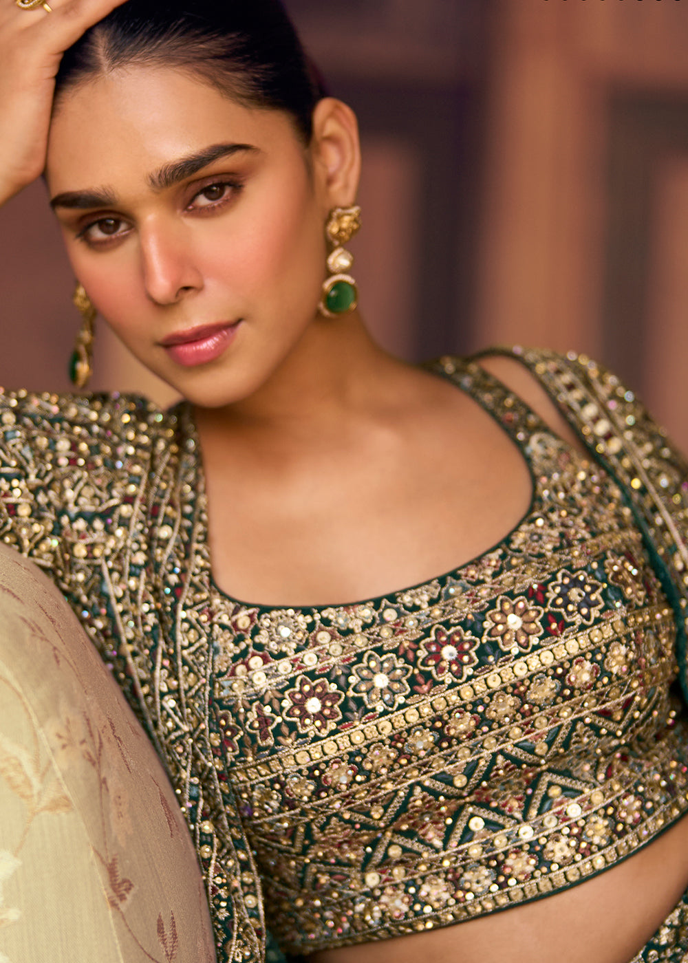 Buy Now Green Crop Top Party Style Palazzo Suit with Jacket Online in Toronto, Newark, Katy, Houston, Fremont, Dubai, Nevada, Kansas & Worldwide at Empress.