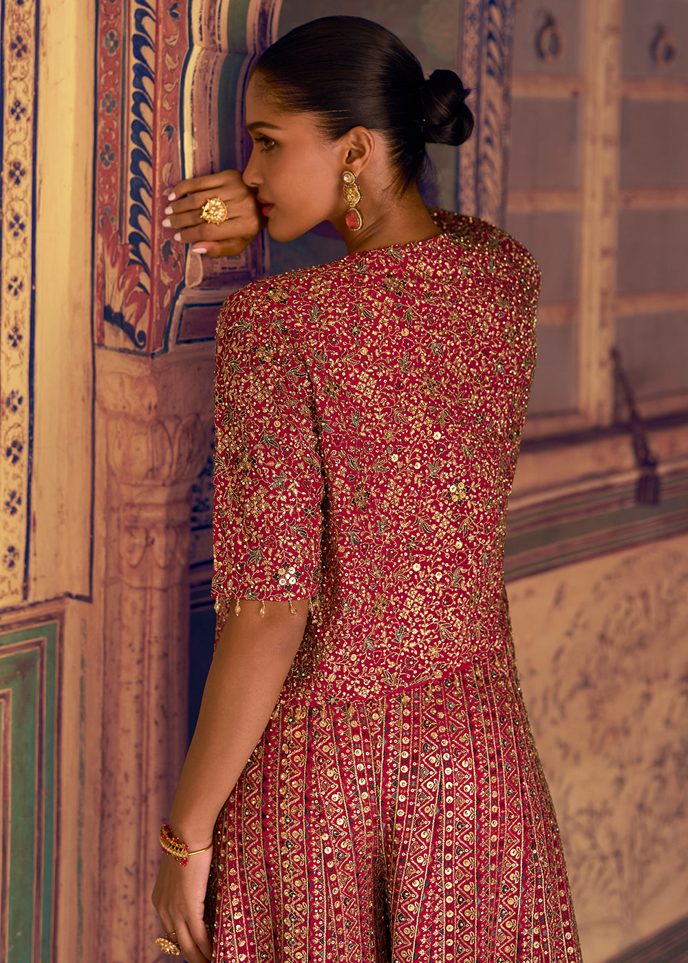 Buy Now Pink Crop Top Party Style Palazzo Suit with Jacket Online in Toronto, Newark, Katy, Houston, Fremont, Dubai, Nevada, Kansas & Worldwide at Empress.