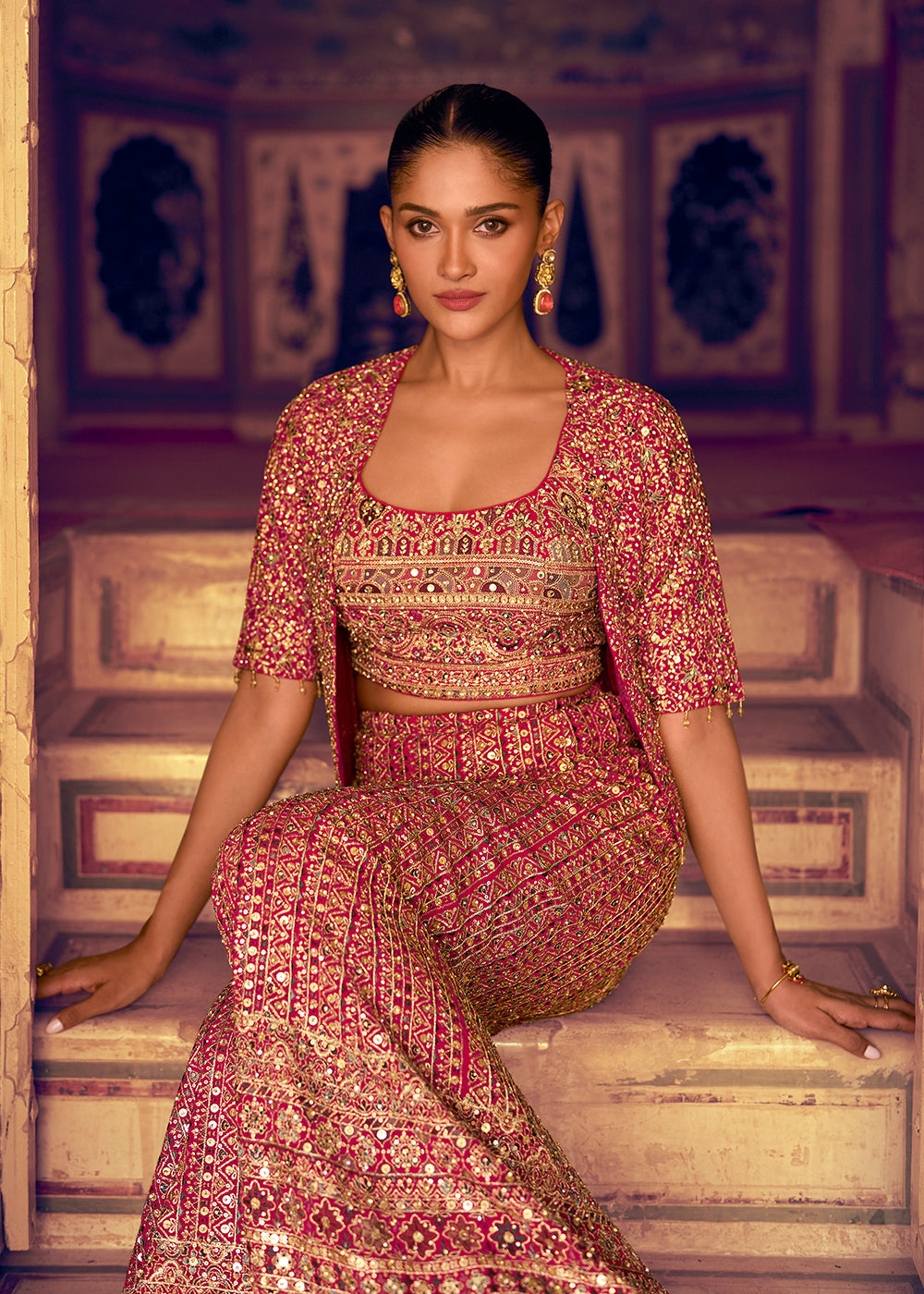 Buy Now Pink Crop Top Party Style Palazzo Suit with Jacket Online in Toronto, Newark, Katy, Houston, Fremont, Dubai, Nevada, Kansas & Worldwide at Empress.