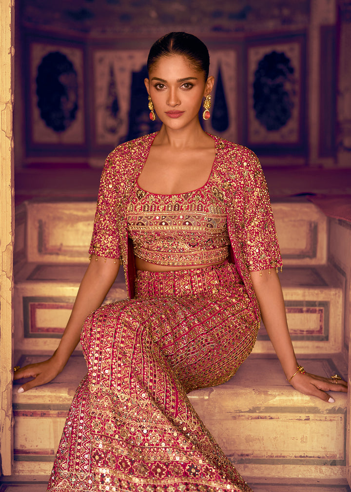 Buy Now Pink Crop Top Party Style Palazzo Suit with Jacket Online in Toronto, Newark, Katy, Houston, Fremont, Dubai, Nevada, Kansas & Worldwide at Empress.