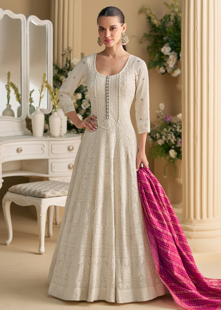 Buy Now White Chikankari Embroidered Wedding Festive Anarkali Gown Online in US, UK, Canada, France, Italy, Sweden, Ireland, Denmark, UAE & Worldwide at Empress