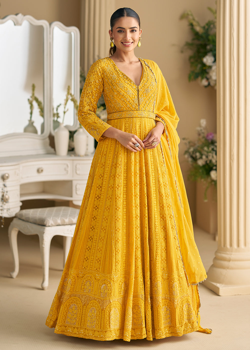 Buy Now Yellow Chikankari Embroidered Wedding Festive Anarkali Gown Online in US, UK, Canada, France, Italy, Sweden, Ireland, Denmark & Worldwide at Empress.
