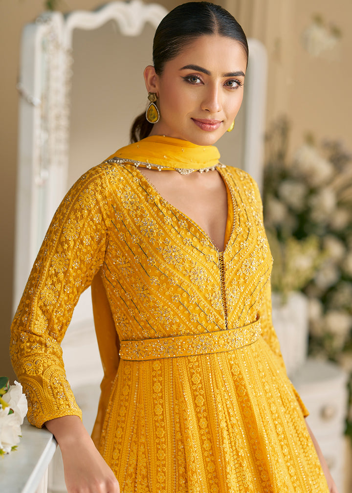 Buy Now Yellow Chikankari Embroidered Wedding Festive Anarkali Gown Online in US, UK, Canada, France, Italy, Sweden, Ireland, Denmark & Worldwide at Empress.