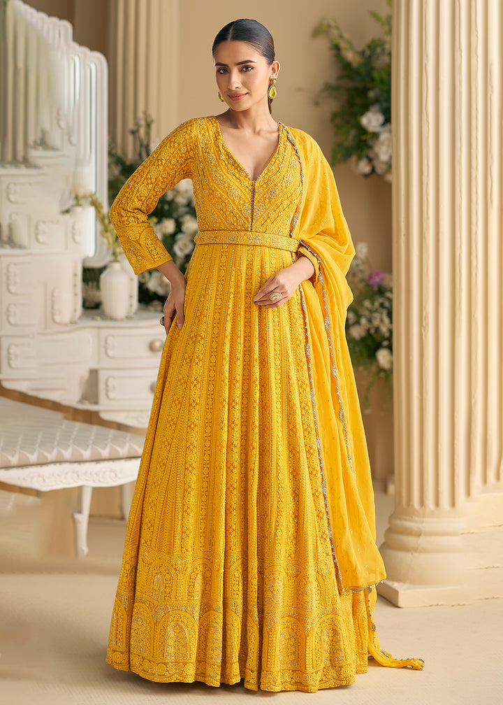 Buy Now Yellow Chikankari Embroidered Wedding Festive Anarkali Gown Online in US, UK, Canada, France, Italy, Sweden, Ireland, Denmark & Worldwide at Empress.