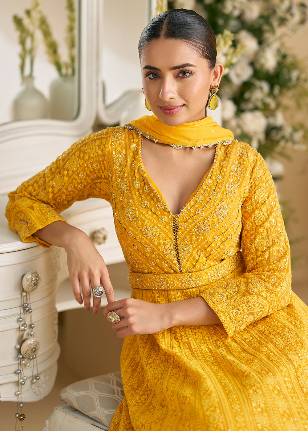 Buy Now Yellow Chikankari Embroidered Wedding Festive Anarkali Gown Online in US, UK, Canada, France, Italy, Sweden, Ireland, Denmark & Worldwide at Empress.