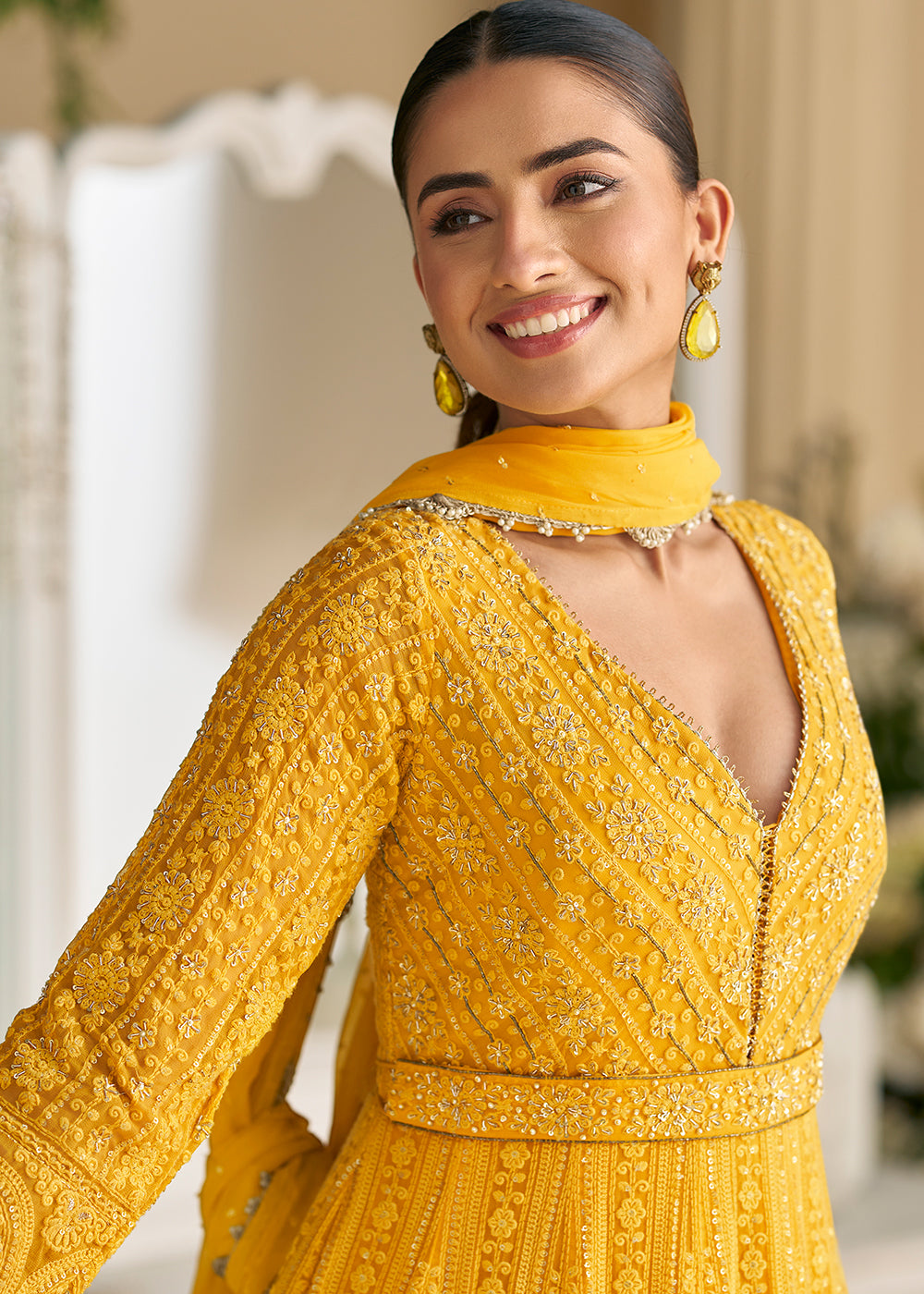 Buy Now Yellow Chikankari Embroidered Wedding Festive Anarkali Gown Online in US, UK, Canada, France, Italy, Sweden, Ireland, Denmark & Worldwide at Empress.