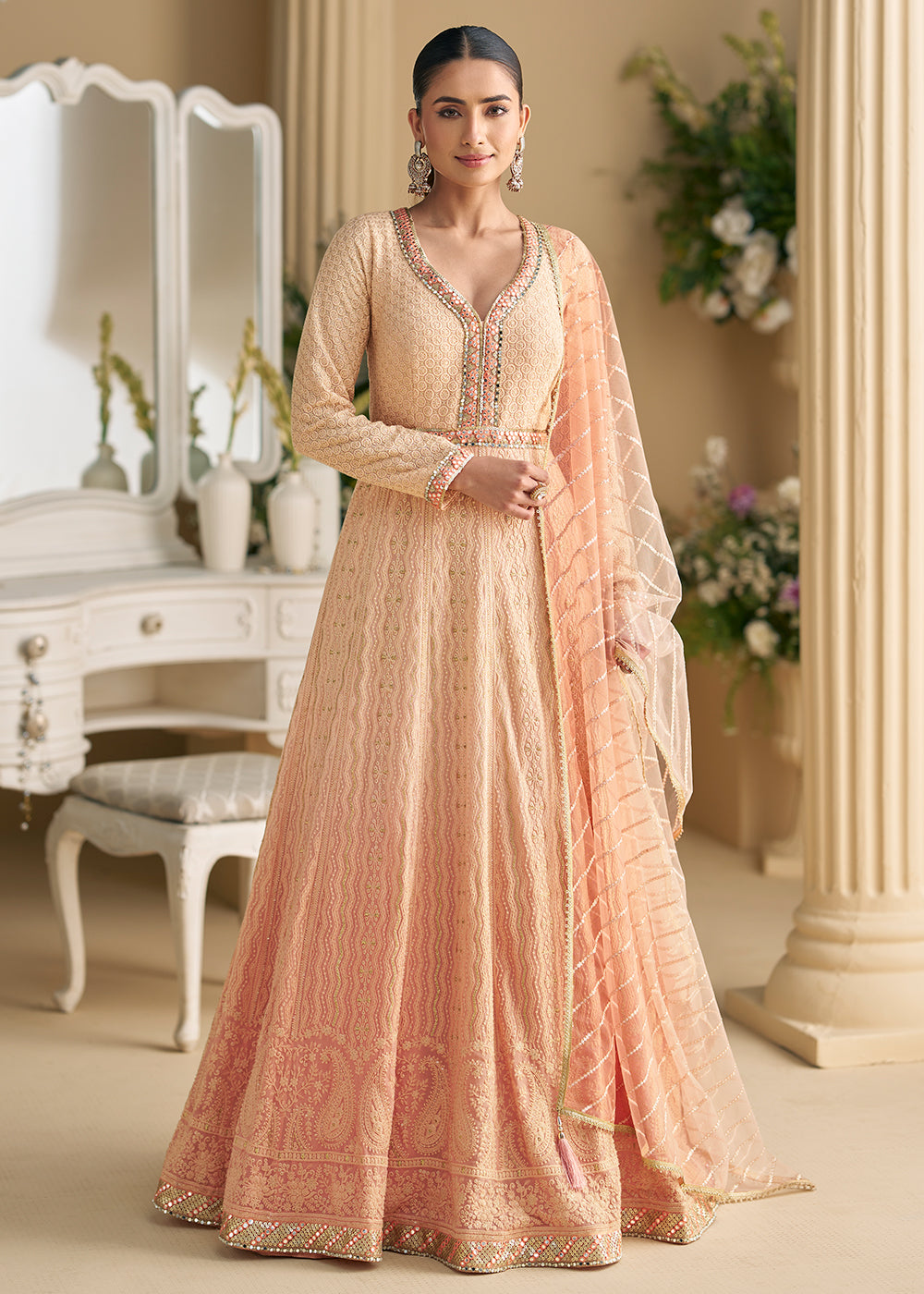 Buy Now Peach Chikankari Embroidered Wedding Festive Anarkali Gown Online in US, UK, Canada, France, Italy, Sweden, Ireland, Denmark & Worldwide at Empress.